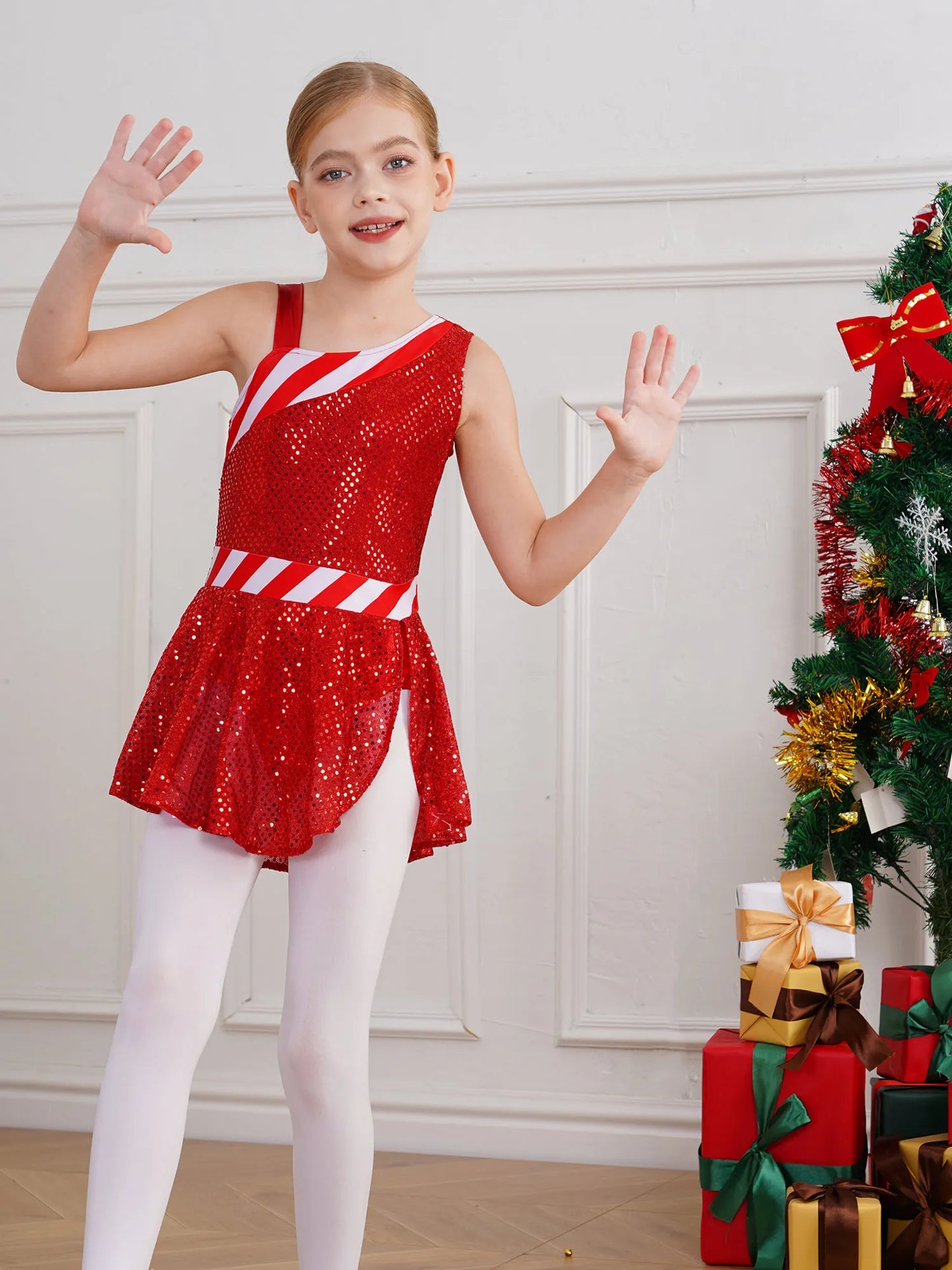 Kids Girls Shiny Sequins Christmas Dance Dresses Xmas Santa Claus Candy Cane Costume Figure Ice Skating Performance Dress