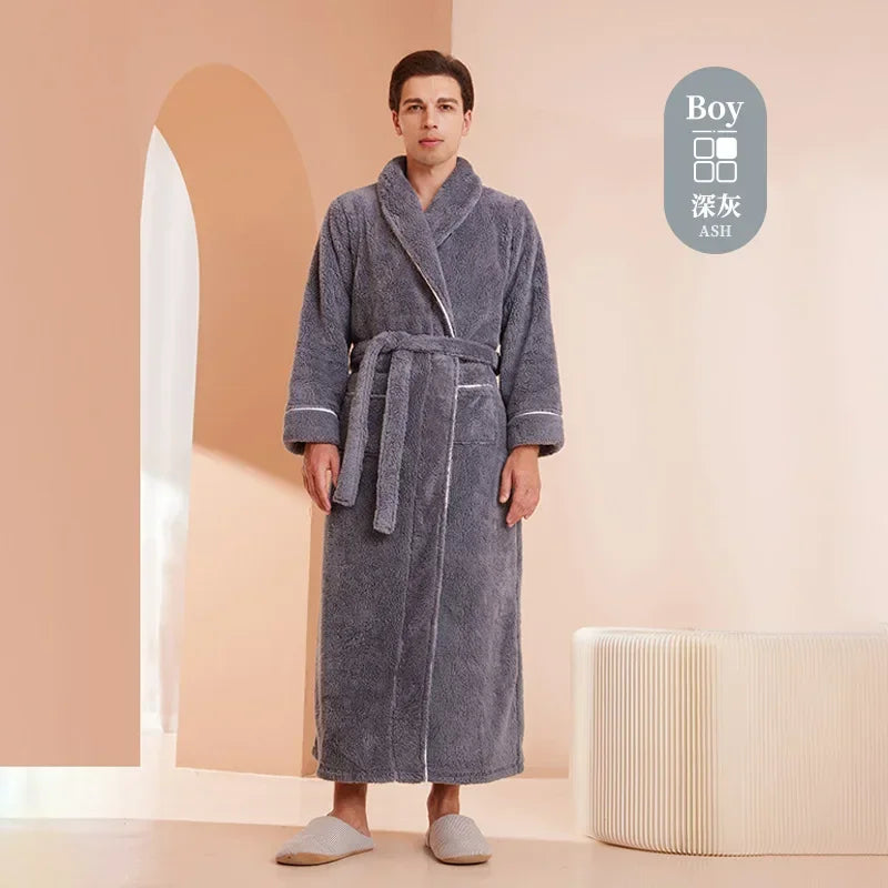 Doppelseitige Verdicken Flanell Herbst Winter Korallen Fleece Paar Lange Robe Hause Kleidung Lange Bademantel Nachtwäsche Lose Loungewear