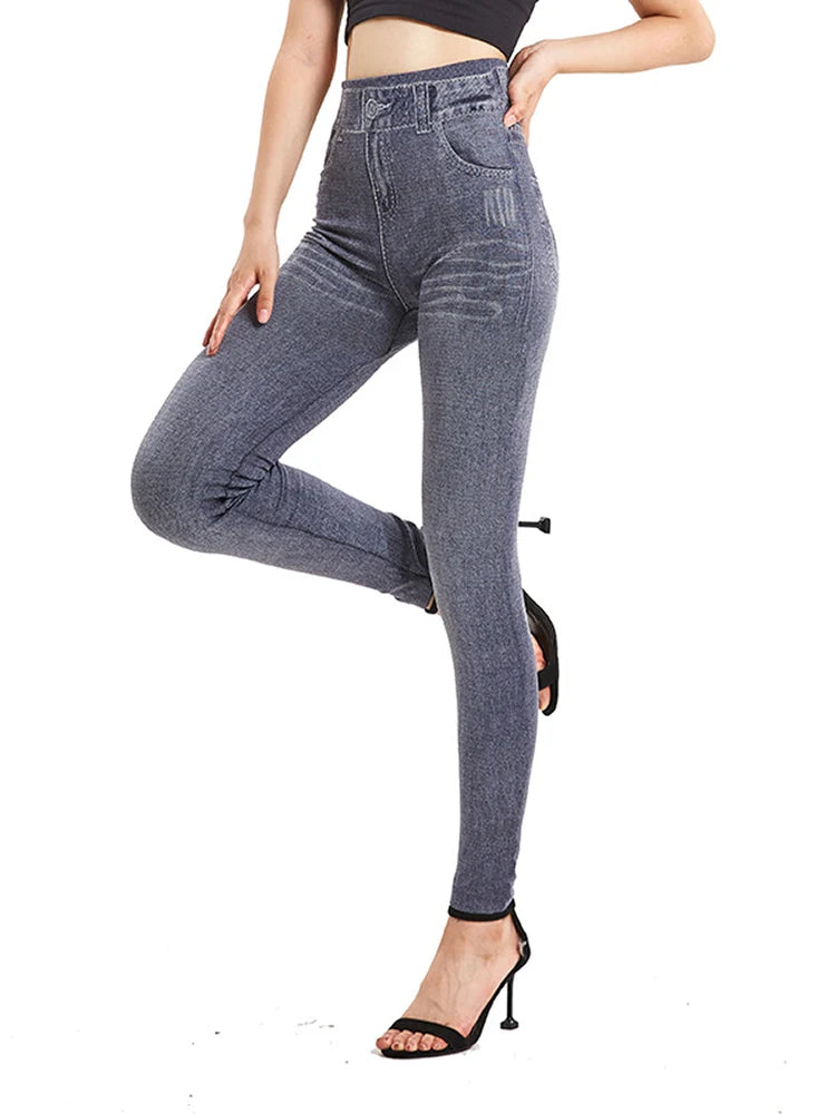 CUHAKCI Women Grey Fake Jeans Workout Yoga Leggings Seamless Soft Jeggings Women's Imitation High Elastic Denim Pencil Pants