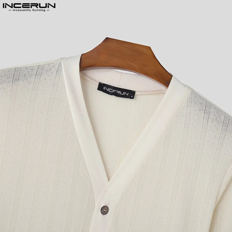 INCERUN 2024 Men's Shirt V Neck Long Sleeve Patchwork Transparent Fashion Camisas Streetwear Sexy Casual Male Kimono Cardigan