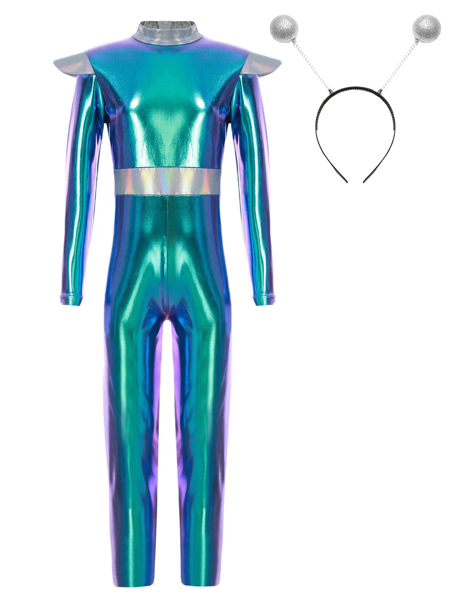 Kinder Mädchen Alien Kostüm Weltraum Kadett Holographische Metallic Ganzkörper Bodysuit Overall Halloween Party Cosplay Dress Up