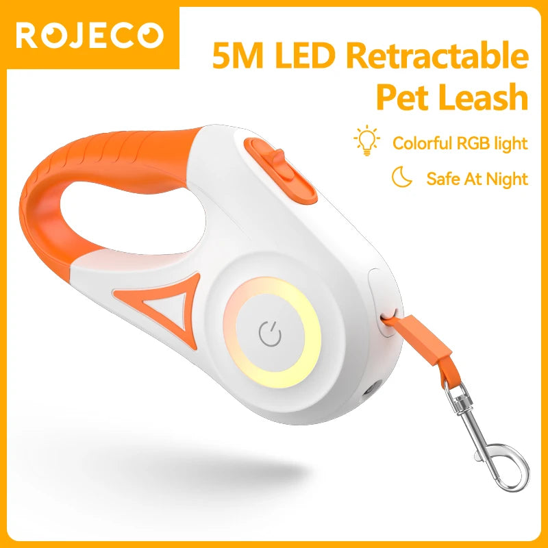 Rojeco 5m automatische Hunde leine versenkbare LED leuchtende führende Mode Licht bänder für Hund Welpen Haustier Flexi Walking Running Lead