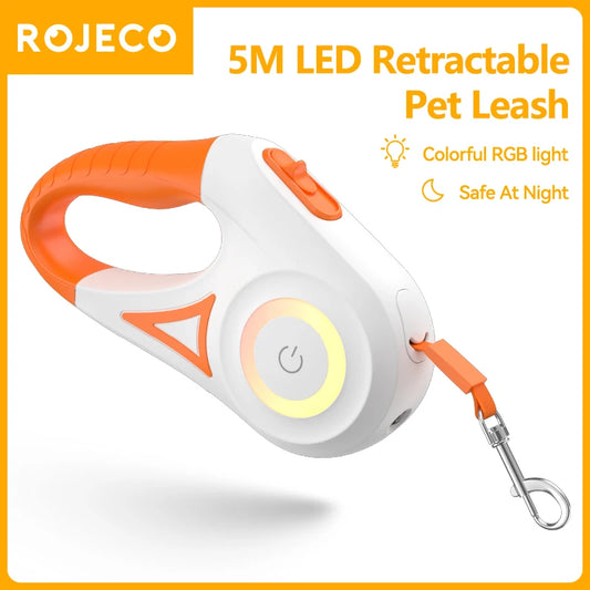 Rojeco 5m automatische Hunde leine versenkbare LED leuchtende führende Mode Licht bänder für Hund Welpen Haustier Flexi Walking Running Lead