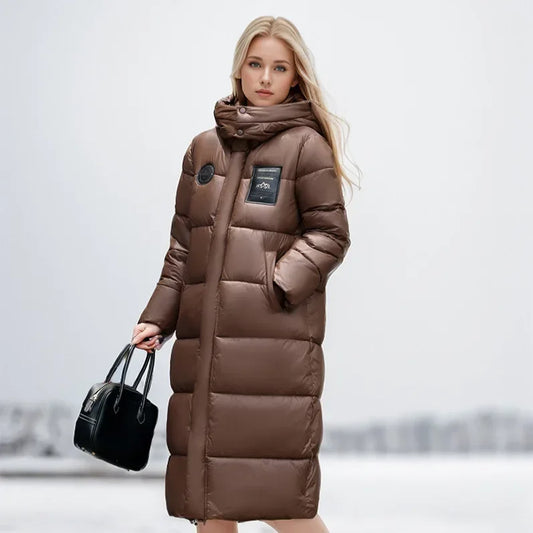 2024 Women's Long Puffer Jacket New For Winter Fashionable High-End Temperament Solid Color Hooded Loose Padded Warm Jacket Coat