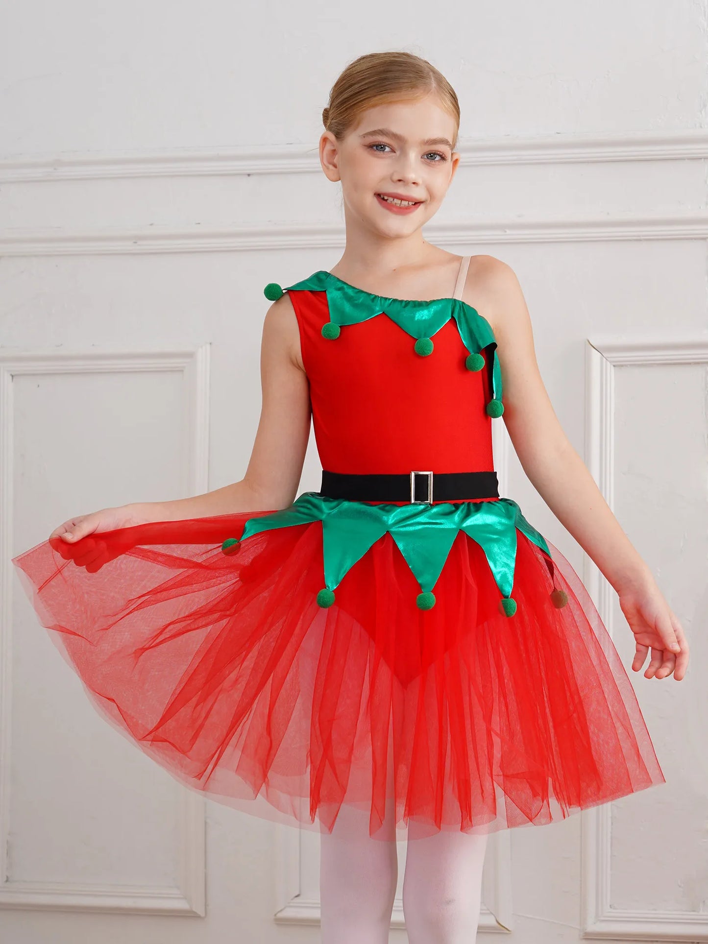 Kinder Mädchen eine Schulter Weihnachten Tanz Tutu Kleid Trikot Weihnachten Urlaub Party Santas Helfer Festivals Performance Kostüm