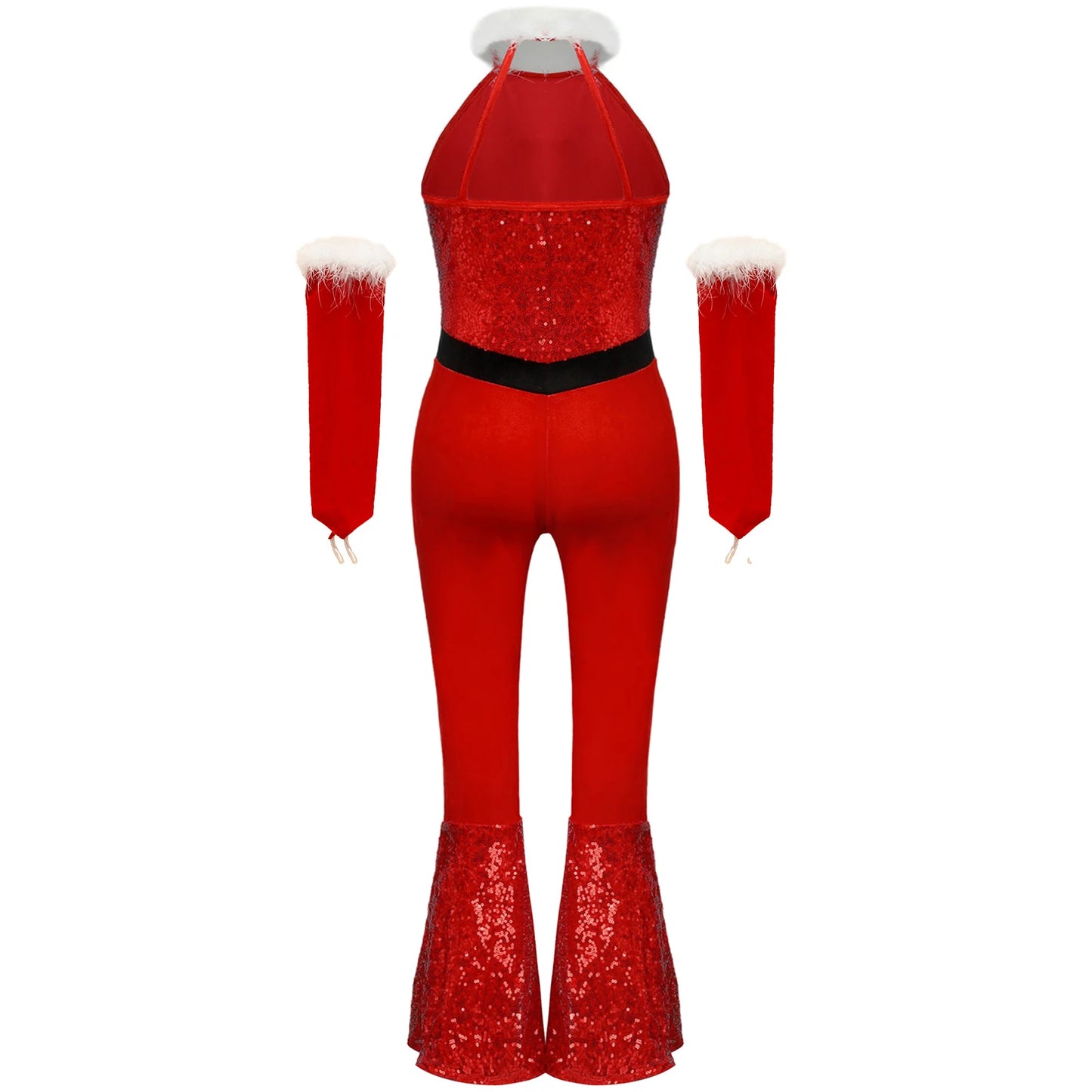 Girls Christmas Costume Santa Claus Velvet Sequins Bell Bottoms Jumpsuit with Arm Sleeve Merry Xmas Holiday Festive Outfits