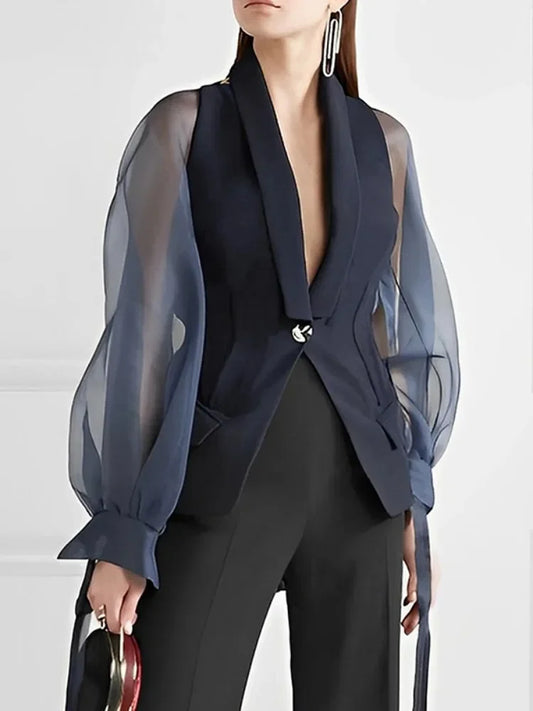 Yeezzi Damen-Blazer-Anzüge mit Revers, Blusen, 2024, neuer Frühling, Sommer, Puffärmel, durchsichtig, geteiltes Gelenk, urbane Büro-Hemden, Oberteile