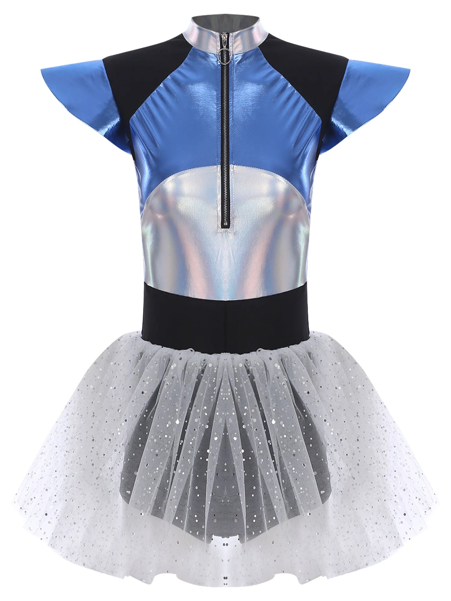 Damen Alien Kostüm Halloween Weltraum Kadett Außer irdische Metallic Tutu Rock Trikot für Cosplay Party Dress Up