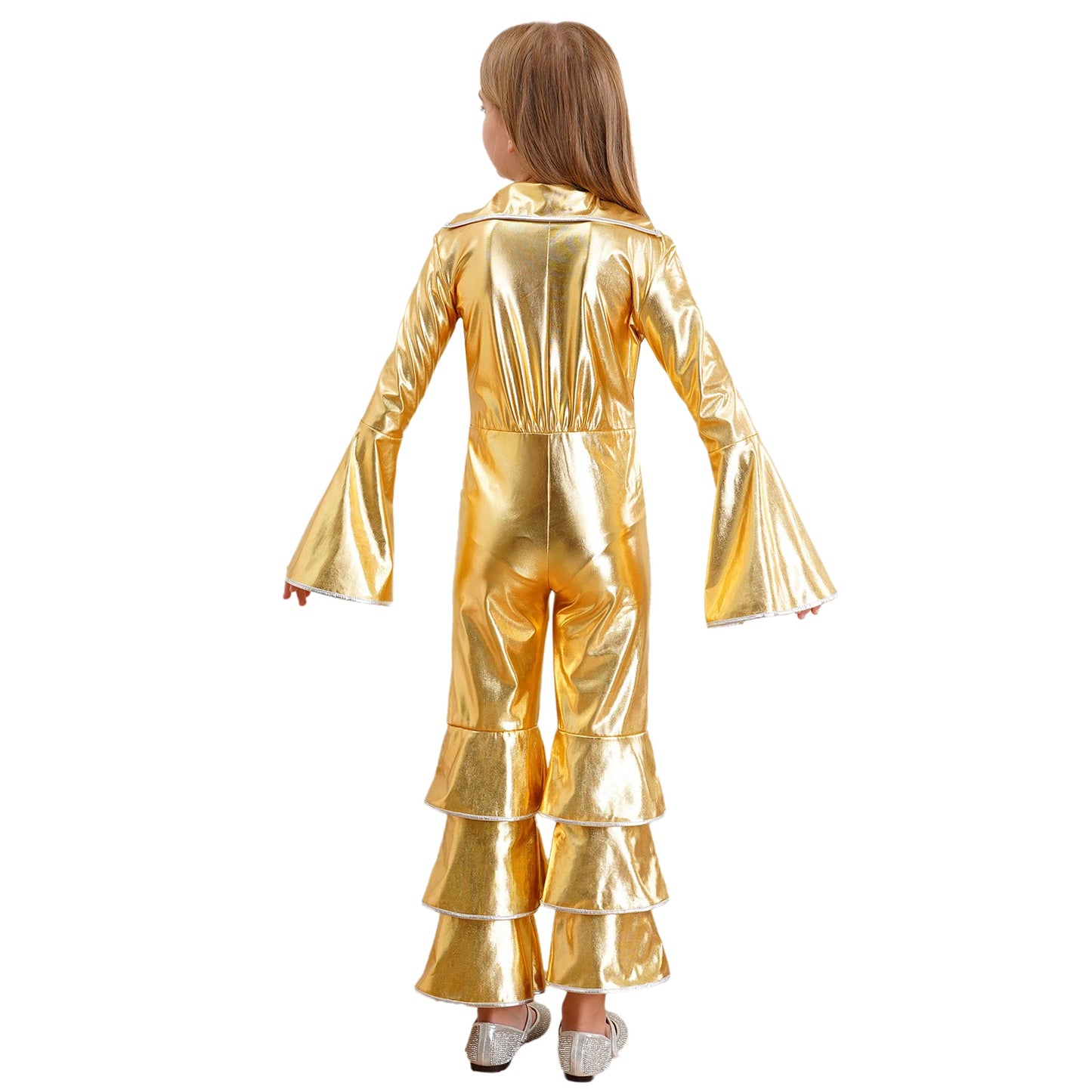 Kids Girls 70s 80s Disco Costume Metallic Flare Sleeve Ruffle Bell Bottom Jumpsuit Halloween Cosplay Funky Dancing Bodysuit