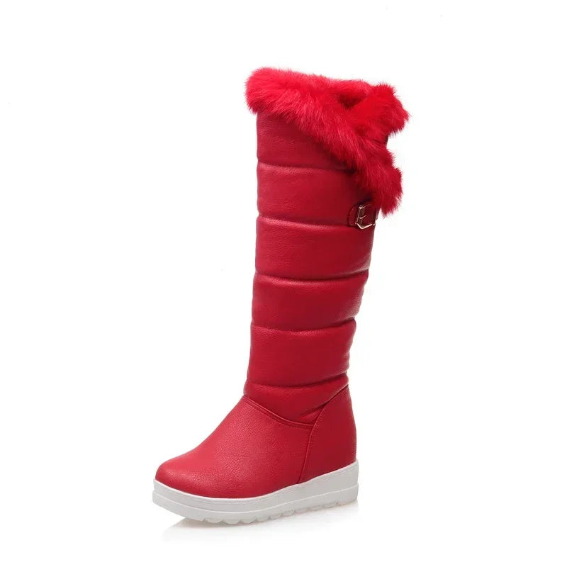 Rot Winter Frauen Warme Pelz Kniehohe Schnee Stiefel Rot Schwarz Dicken Plüsch Runde Kappe Schnalle Dame Höhe Zunehmende plattform Lange Stiefel