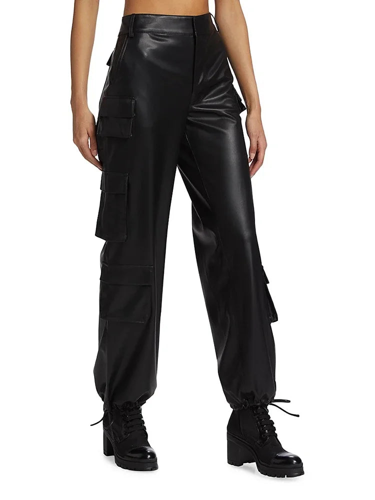 Matte Kunstleder Frauen Saum Kordel zug Cargo hose hohe Taille Multi Taschen Damen Freizeit hose Street Pant Kostüm benutzer definierte