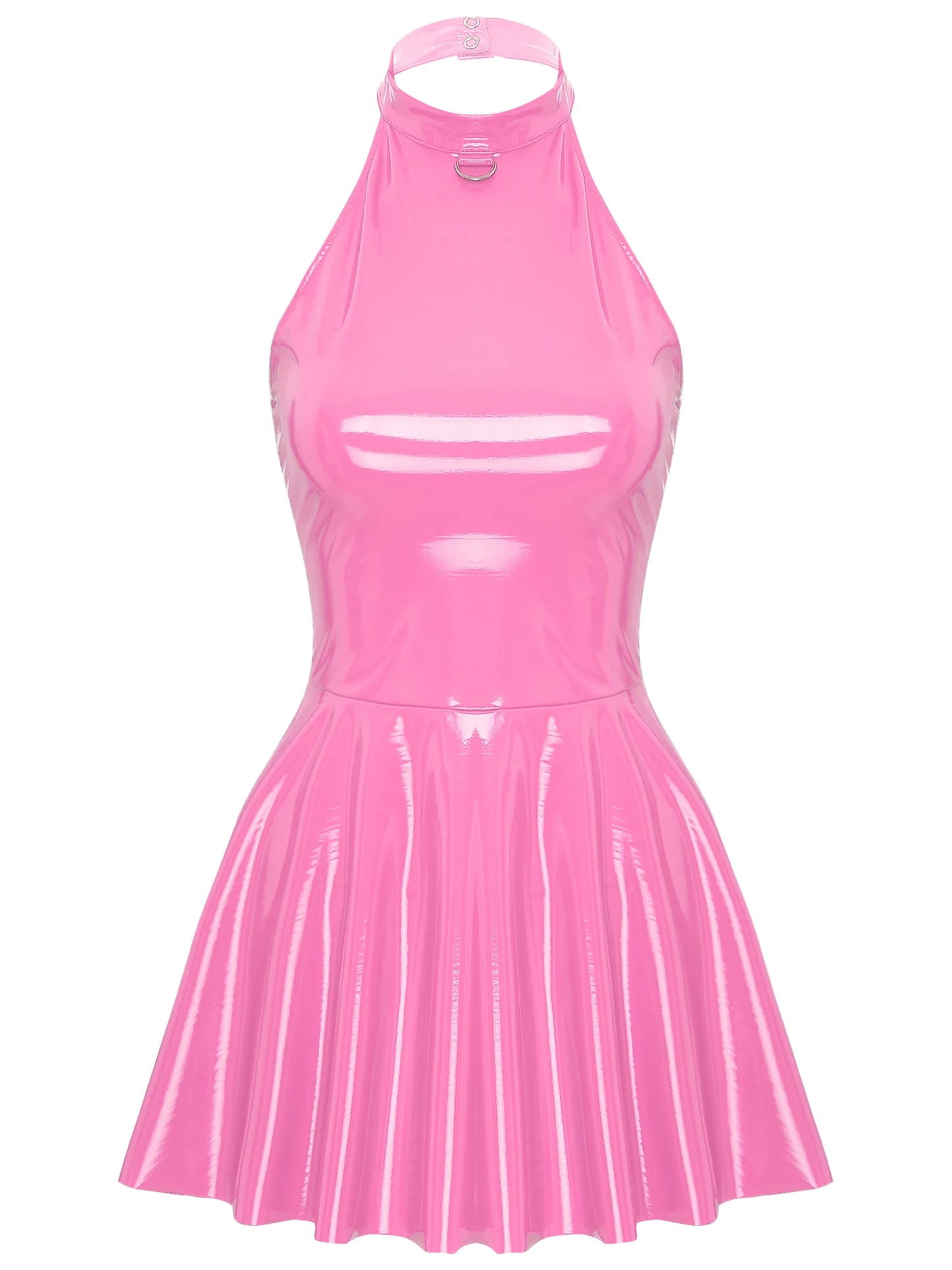 Damen Wet Look Lack leder Halfter rücken frei Skater Mini A-Linie Kleid Vinyl Latex glänzend Cocktail Party Club Kleider Clubwear