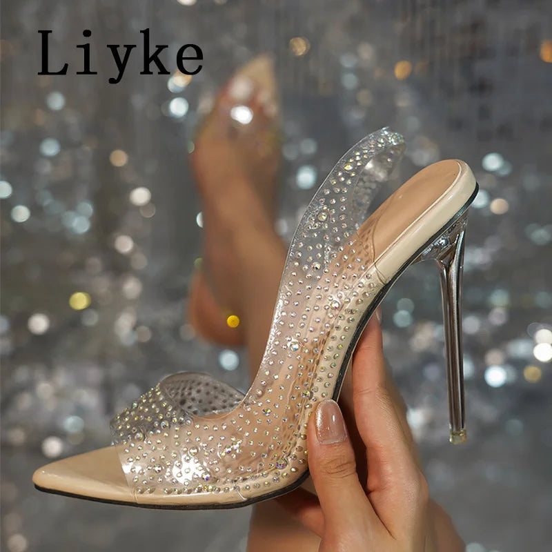 Liyke Sexy Pointed Open Toe Slingback Shoes Women Pumps Crystal Rhinestone PVC Transparent Sandals Party Club Stripper Heels