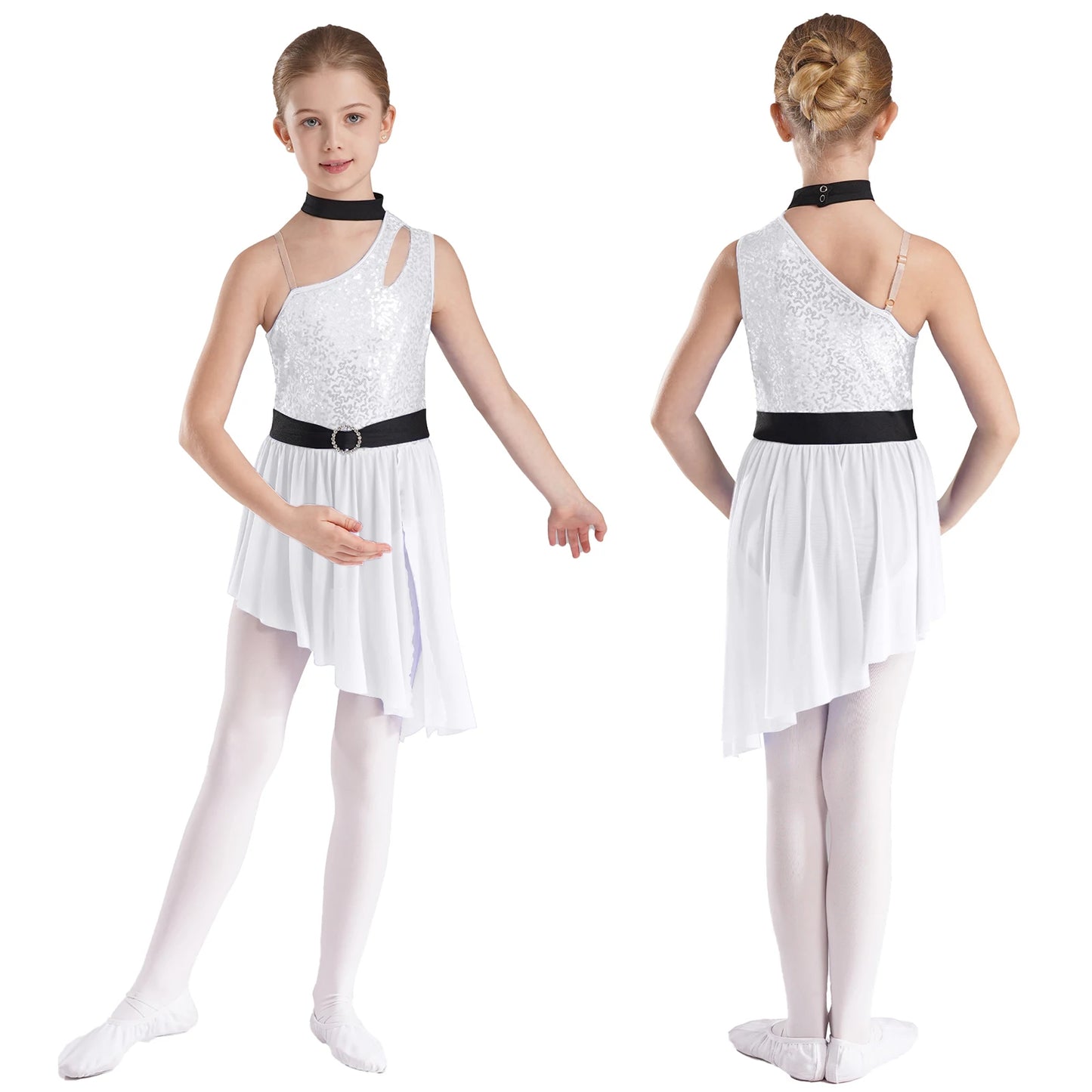 Kids Girls Lyrical Dance Costume Cutout One Shoulder Ballet Asymmetrical Tulle Dress Leotard Modern Contemporary Dancewear