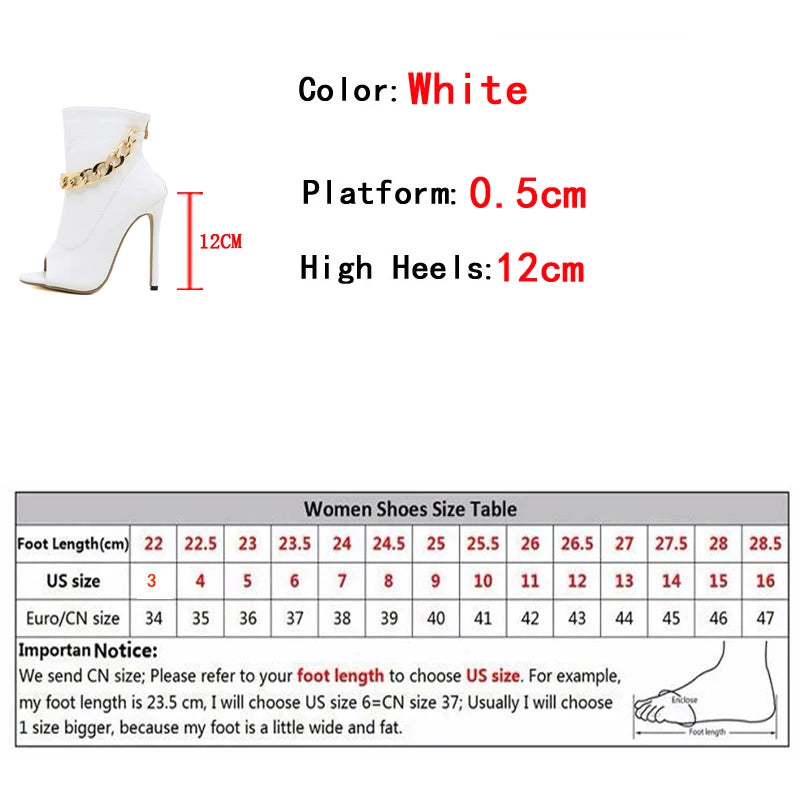 Liyke High Quality White Leather Basic Boots Women Ankle Sandals Fashion Metal Chain Design Thin Heels Pumps Peep Toe Zip Shoes