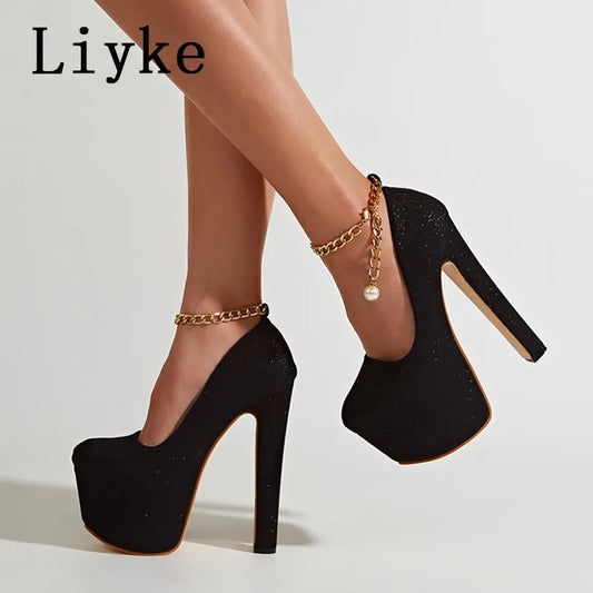 Liyke 20244 New Extreme High Heels Women Fashion Sequined Cloth Round Toe Chain Ankle Strap Platform Pumps Nightclub Party Shoes