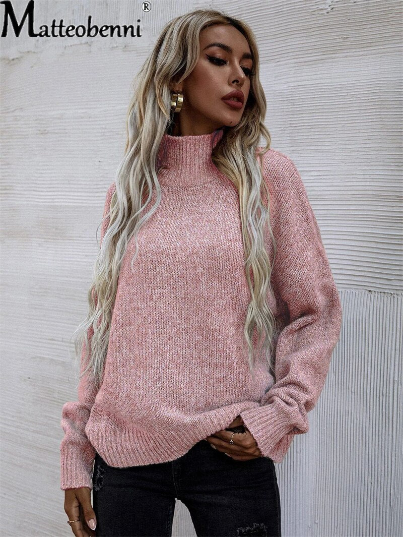Autumn Knitted Turtleneck Sweater Women Fashion British Style Casual Pullover Long Sleeve Solid Color Loose Commuter Tops