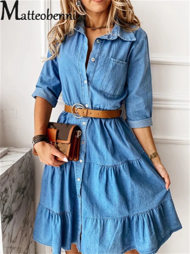 Langarm elegante Jeans Kleid