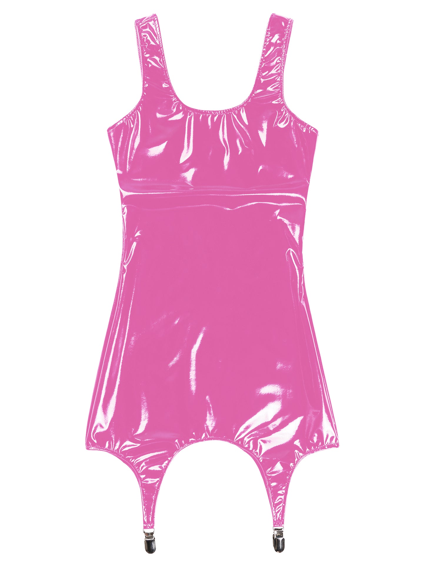 Frauen Wet Look PVC Leder Sleeveless Tank Bodycon Latex Party Nacht Club Rave Dance Mini Kleid mit Metall Clips Clubwear