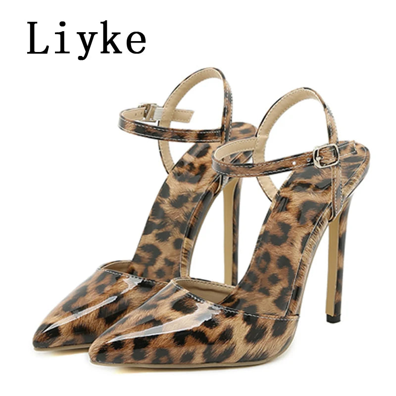 Liyke Sexy Leopard Grain Women Pumps Sandals Pointed Toe Buckle Strap Stiletto High Heels Mules Female Party Dress Shoes Size 42