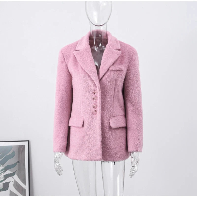 Trafza Frauen Mode Plüsch Blazer elegante solide y2k Frauen Langarm Einreiher Anzug Mantel Frühling weibliche Freizeit jacken