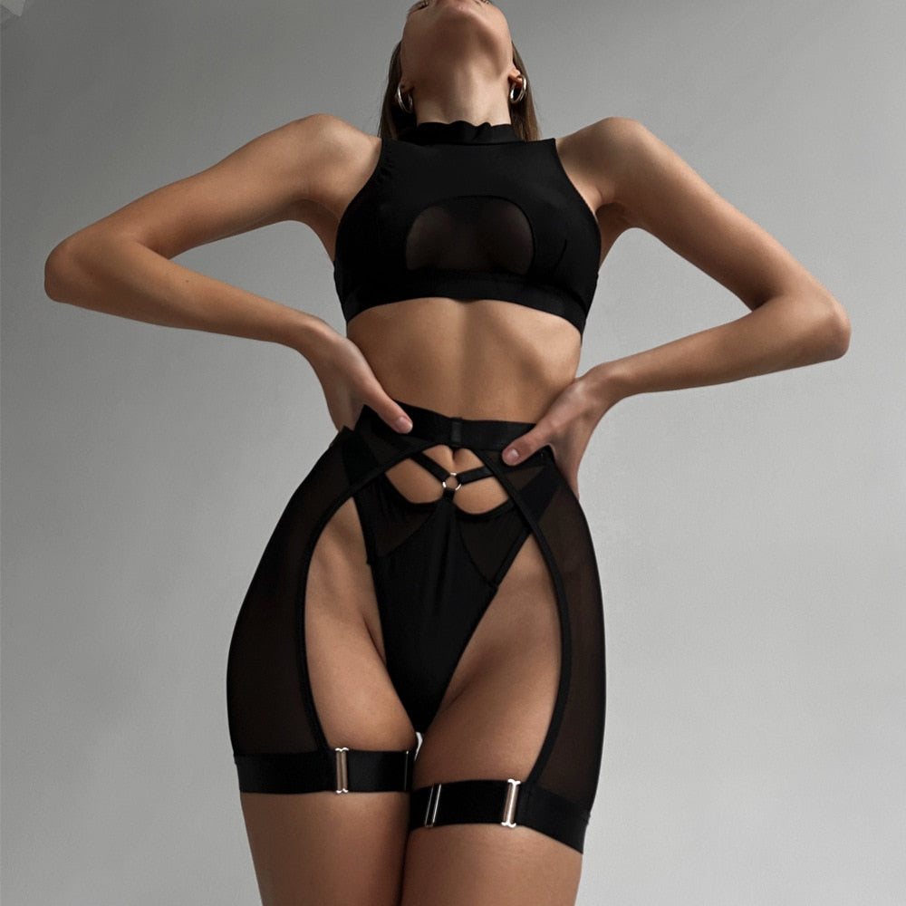 Ellolace Sexy Lingerie Set Woman 3 Pieces Vest Top Seamless Underwear Garter Belt Set Thong Black Intimate Exotic Sets