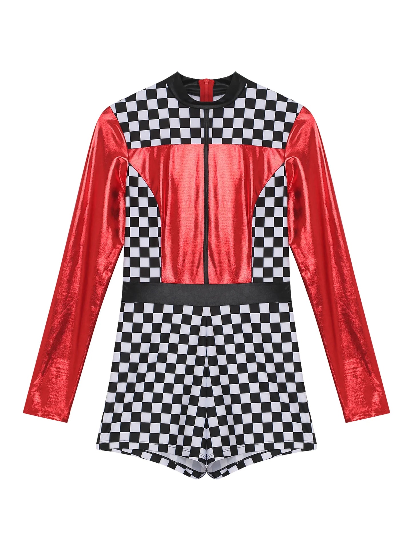 Womens Speed Car Driver Kostüm Halloween Racer Pullover Langarm Metallic Bodysuit Overall Cosplay Party Kostüm