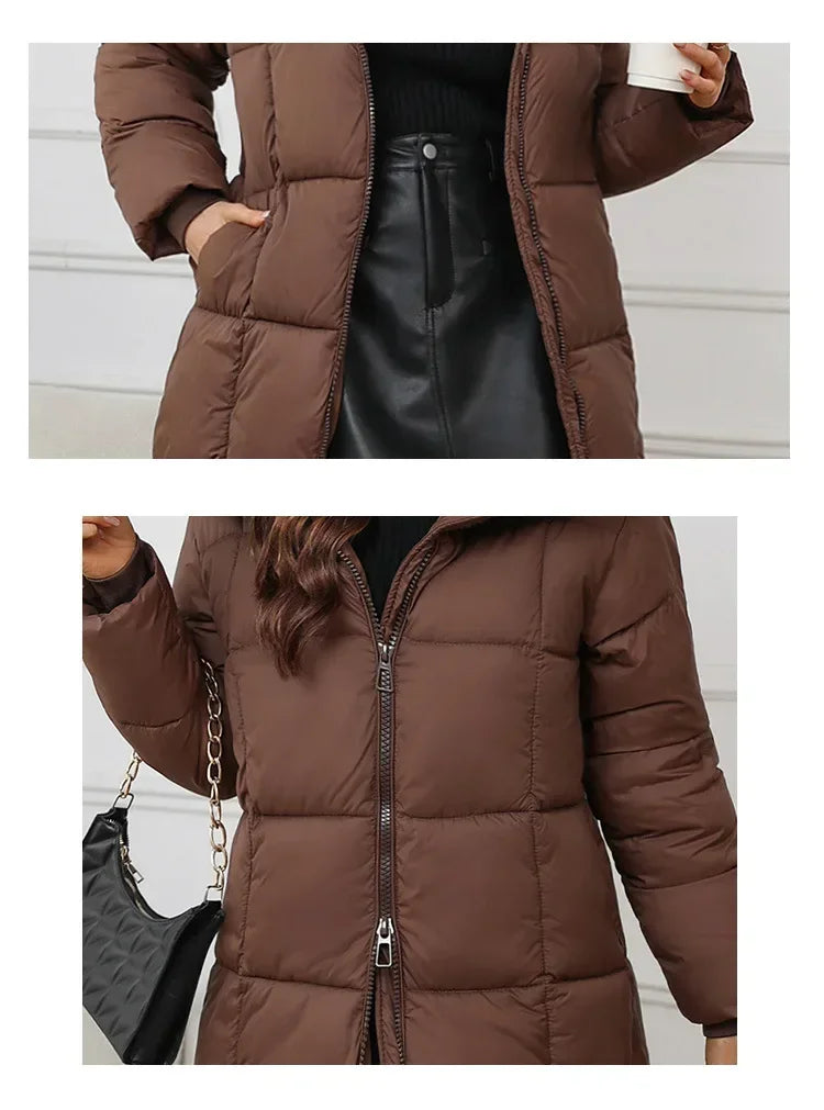 2024 neue Winter Frauen Lange Parkas Taschen Dicke Warme Mit Kapuze Unten Baumwolle Mantel Weibliche Lose Puffer Jacken Winddicht Schnee Mantel