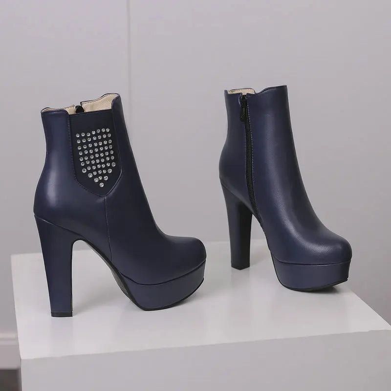 2024 Frauen Stiefeletten Plattform quadratische High Heel Damen kurze Stiefel Pu Leder runde Zehen Reiß verschluss Mode Kleid Frauen Stiefel