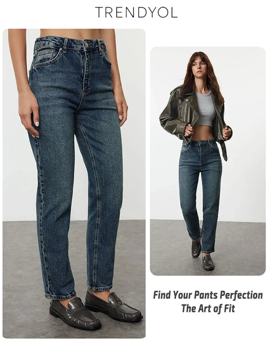 Trendyol TYZA Damen-Jeans, einfarbig, ohne Gürtel, Denim, ohne Taschen, gerades Bein, lässige Jeans, Freizeithose, Denim-Shorts