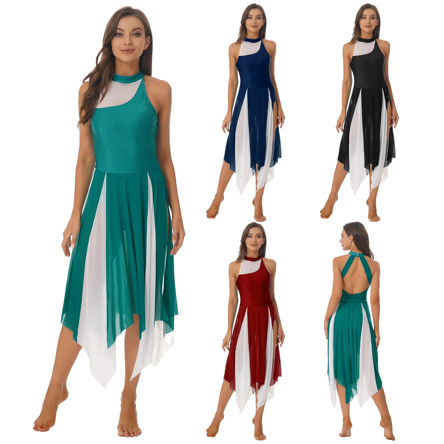 Women Color Block Sleeveless Lyrical Dance Dress Sheer Mesh Irregular Hem Ballet Dress Modern Contemporary Performance Costumes