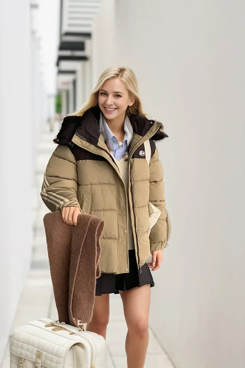 2024 neue Winter Damen jacke Kontrast lässig Kapuze Daunen Baumwoll jacke weiblich verdicken warme lose Puffer gepolsterte Parkas Mäntel