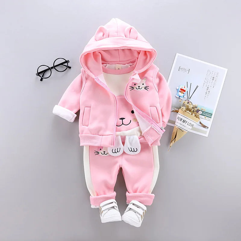 3 Stück süße Katze warm halten Mädchen Kleidung Herbst Jungen Kleidung Sets Kapuze Weste Mantel Hose Baby Anzüge 1-4 Jahre neue Kinder kleidung