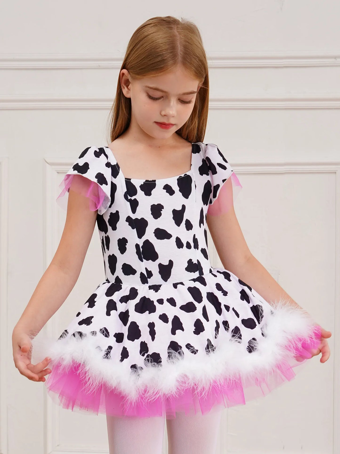 Kinder Cowgirl Kostüm Mädchen Kuh druckt Kurzarm Plüsch Tutu Kleid Trikot für Halloween Western Rodeo Dress Up Party Karneval