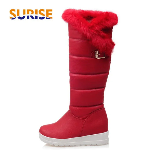 Rot Winter Frauen Warme Pelz Kniehohe Schnee Stiefel Rot Schwarz Dicken Plüsch Runde Kappe Schnalle Dame Höhe Zunehmende plattform Lange Stiefel