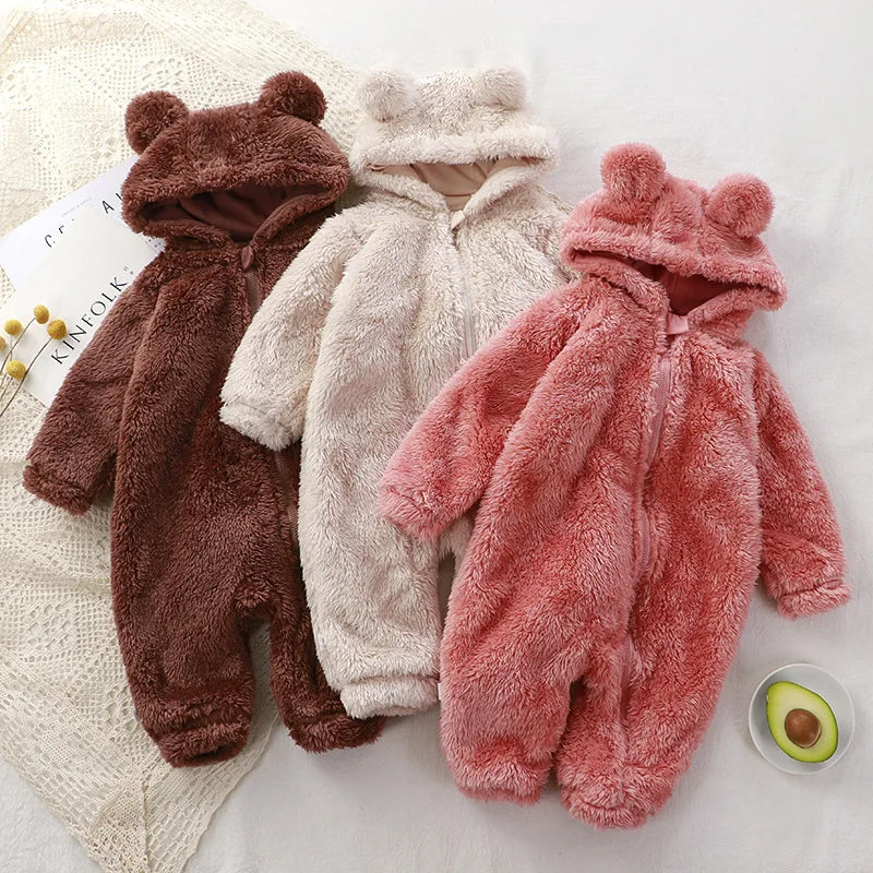 Winter Warme Neugeborenen Baby Mädchen Kleidung 3 Farben Nette Plüsch Bär Baby Strampler Komfortable Weiche Kapuze Zipper Jungen Strampler 0-3 jahre