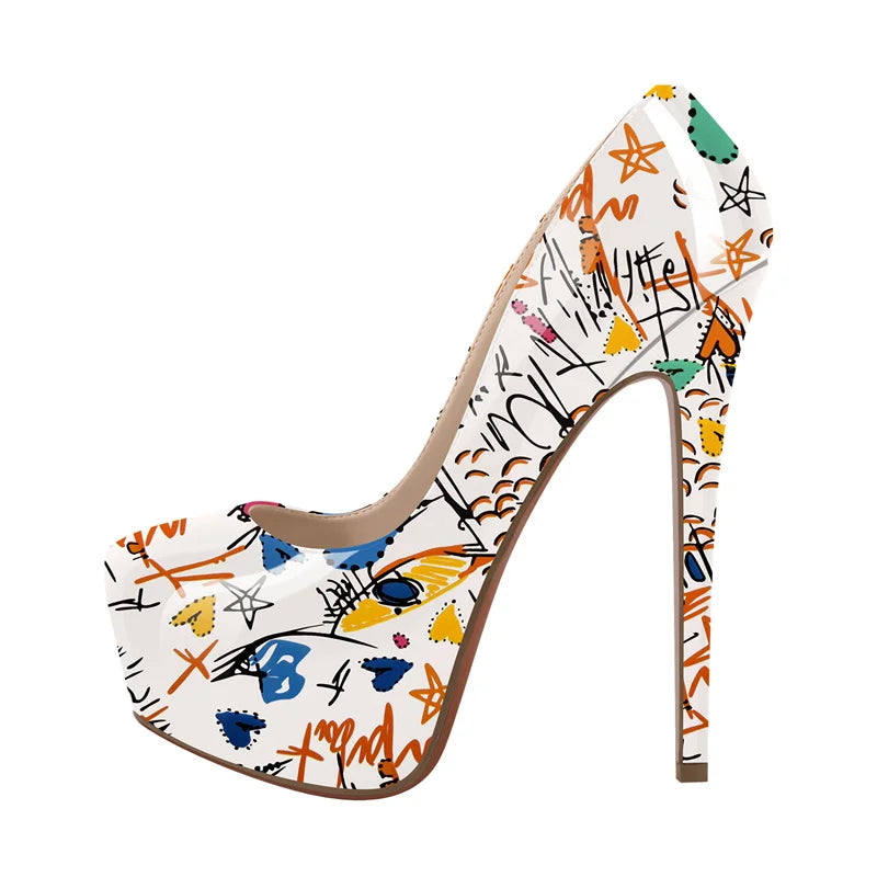 Only maker Frauen Plattform Graffiti Stiletto Heels 16cm extrem hohe Pumps große Größen plus Größe 46 Schuhe