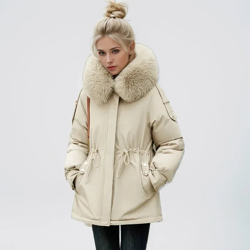 Frauen Parka Mode Lang mantel Wolle Liner Kapuze Parkas 2024 neue Winter jacke schlank mit Pelz kragen warmer Schnee tragen gepolsterte Kleidung