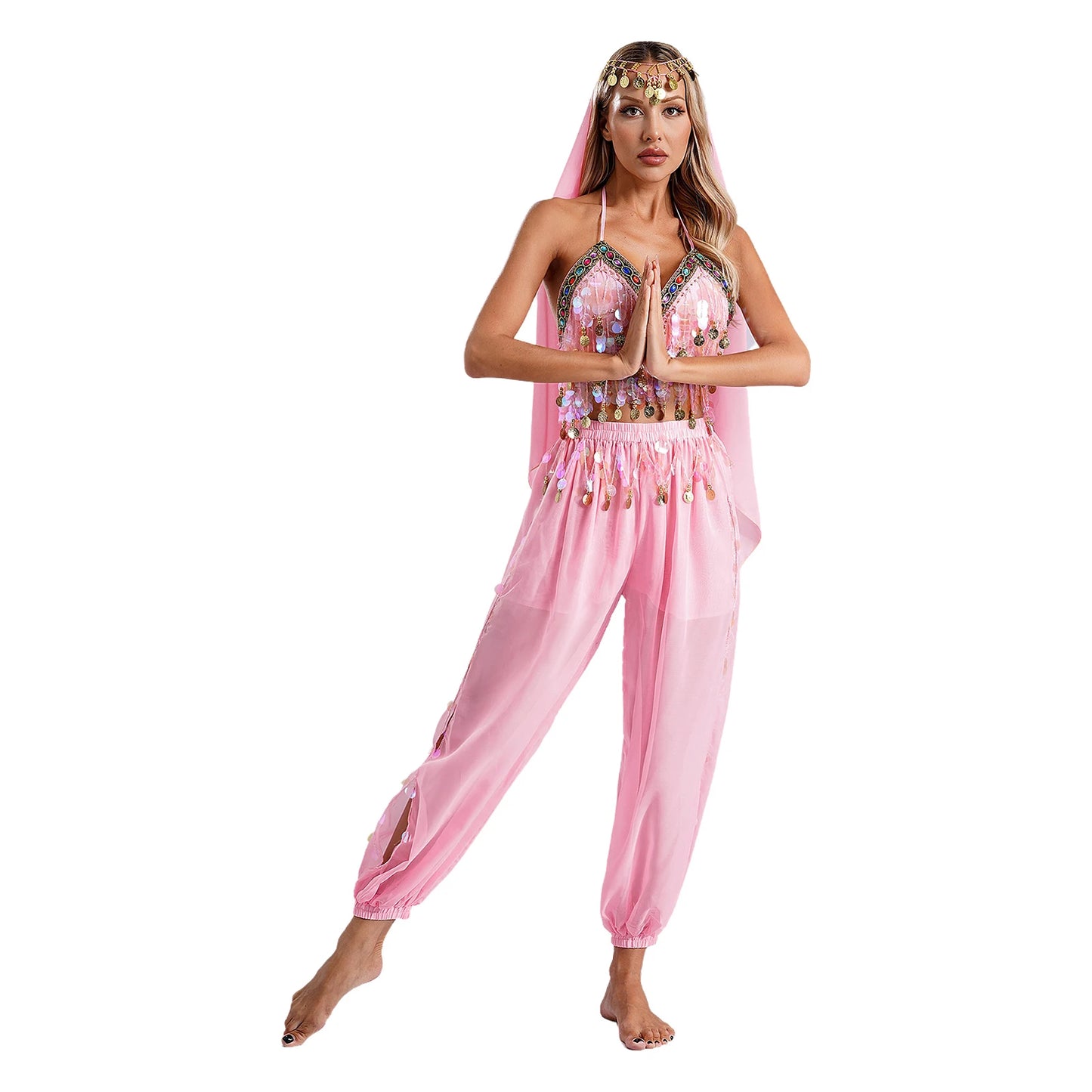 Damen Bauchtanz Prinzessin Kostüm Pailletten Top Harems hose mit Kopfs ch leier für indische Bollywood Halloween Party Bühnen performance