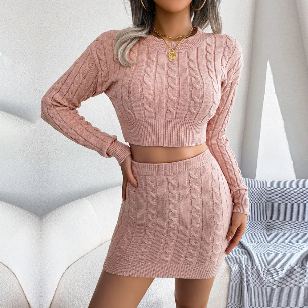Ficusrong Women Autumn Winter Twist Crop Sweater Hip Skirt Knit Suits For Laides Solid Color Slim All Match Two Piece Set