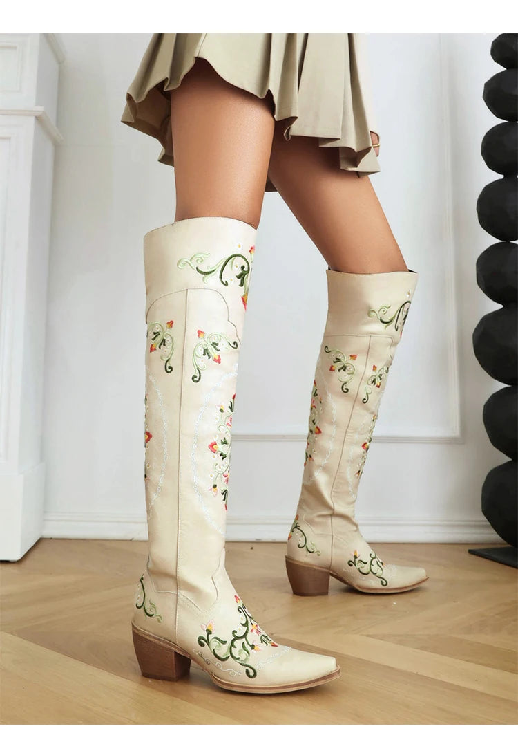 Kleine quadratische Zehen Holzmaserung dicke Ferse Stickerei Blumen ethnische Frauen über dem Knie Stiefel Plüsch Futter Winter lange Stiefel