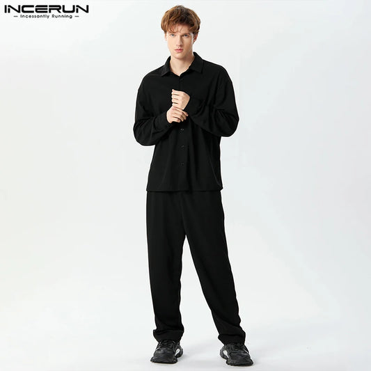 INCERUN Men's Sets Solid Color Streetwear 2024 Lapel Long Sleeve Shirt & Pants Two Pieces Sets Loose Fashion Men Casual Suits