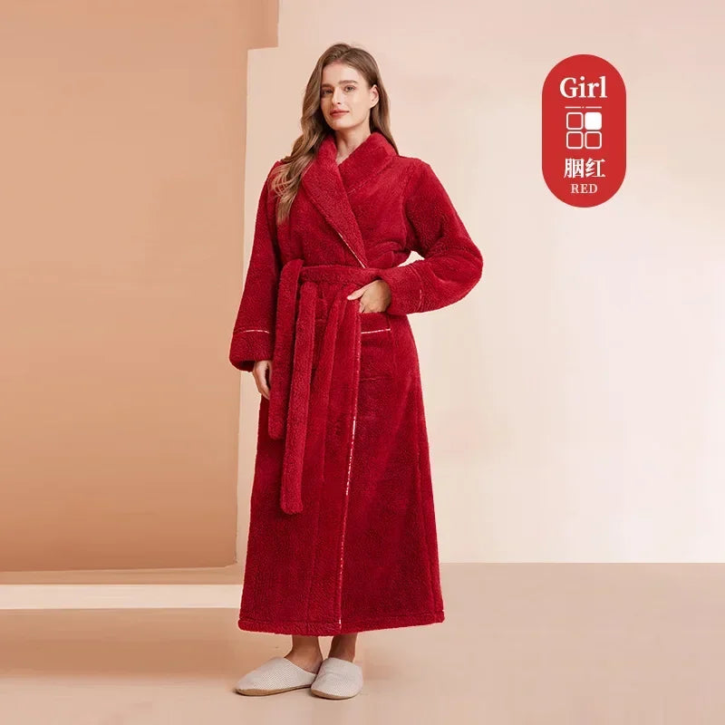 Doppelseitige Verdicken Flanell Herbst Winter Korallen Fleece Paar Lange Robe Hause Kleidung Lange Bademantel Nachtwäsche Lose Loungewear