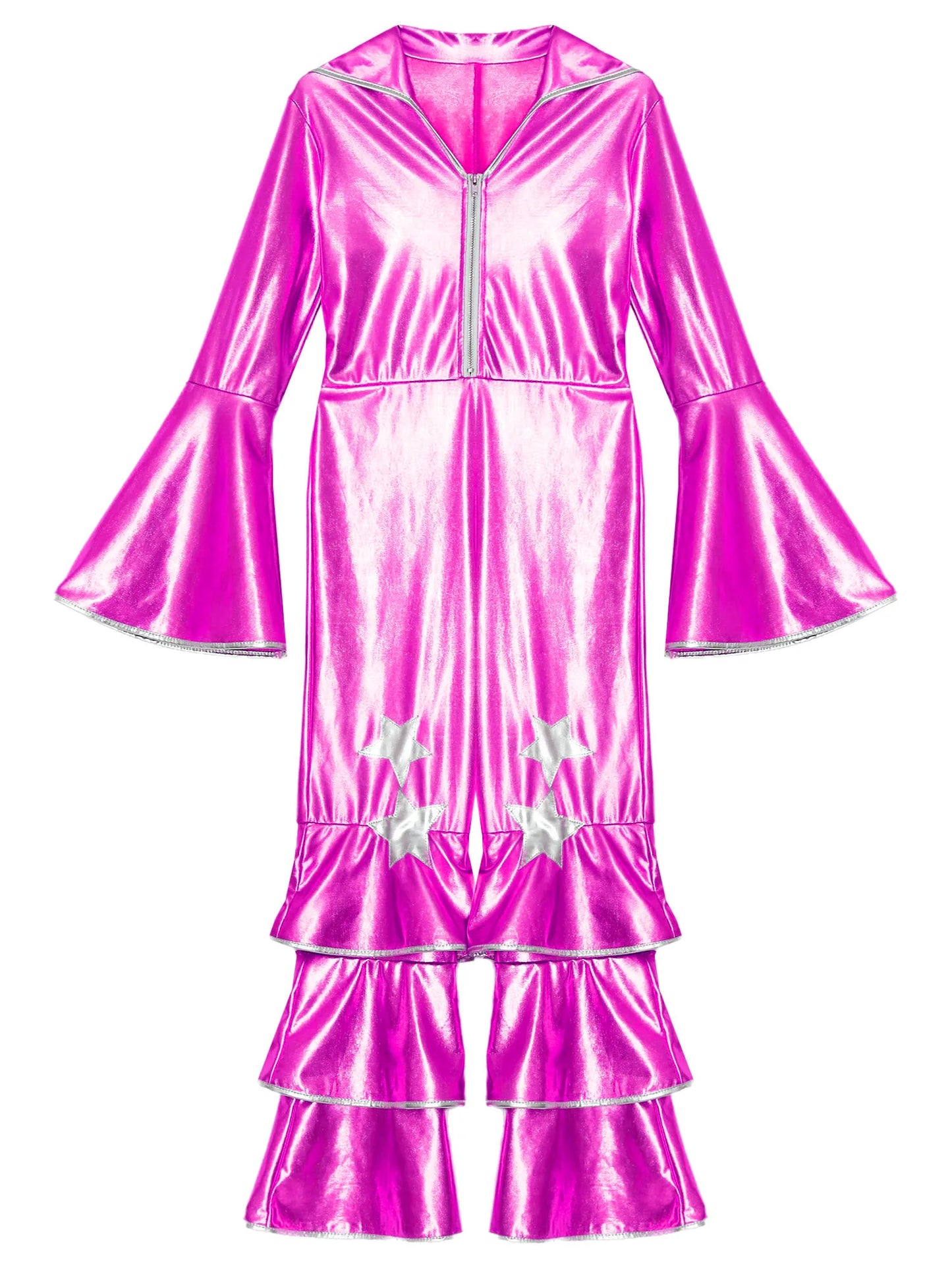 Kids Girls 70s 80s Disco Costume Metallic Flare Sleeve Ruffle Bell Bottom Jumpsuit Halloween Cosplay Funky Dancing Bodysuit