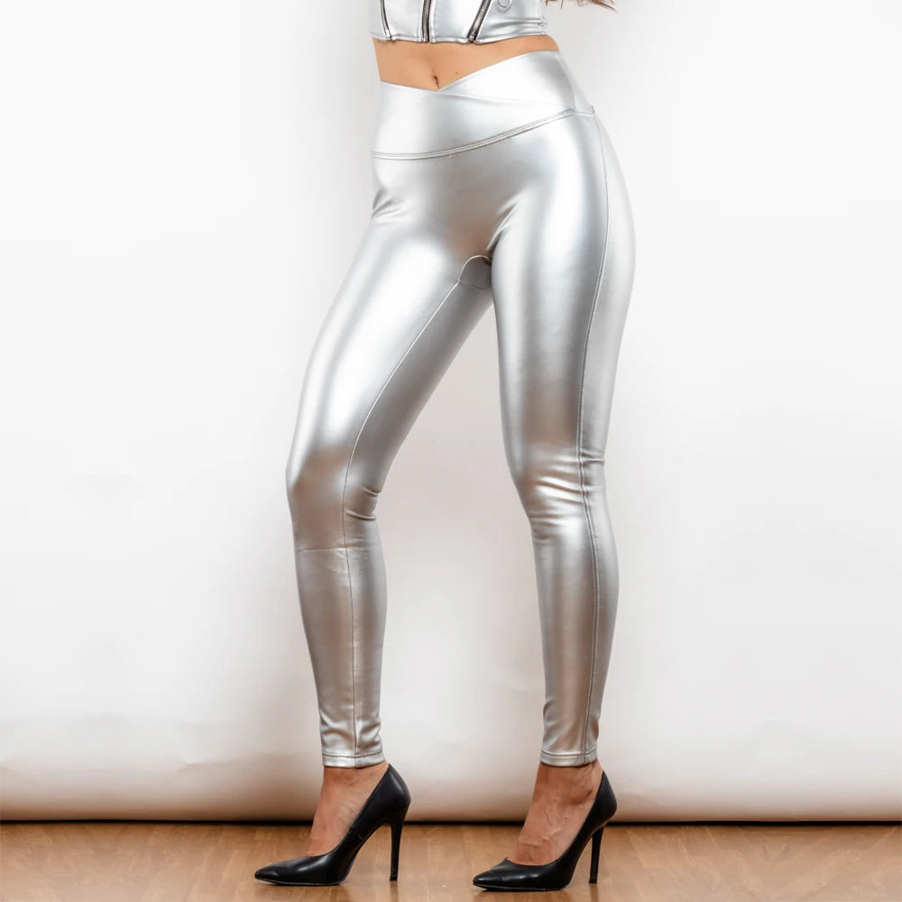 Shascull fites Melodie Frauen Pu Leder Leggings sexy schlanke hohe Taille Push-up dünne Fitness hose Silber Metallic Leggings