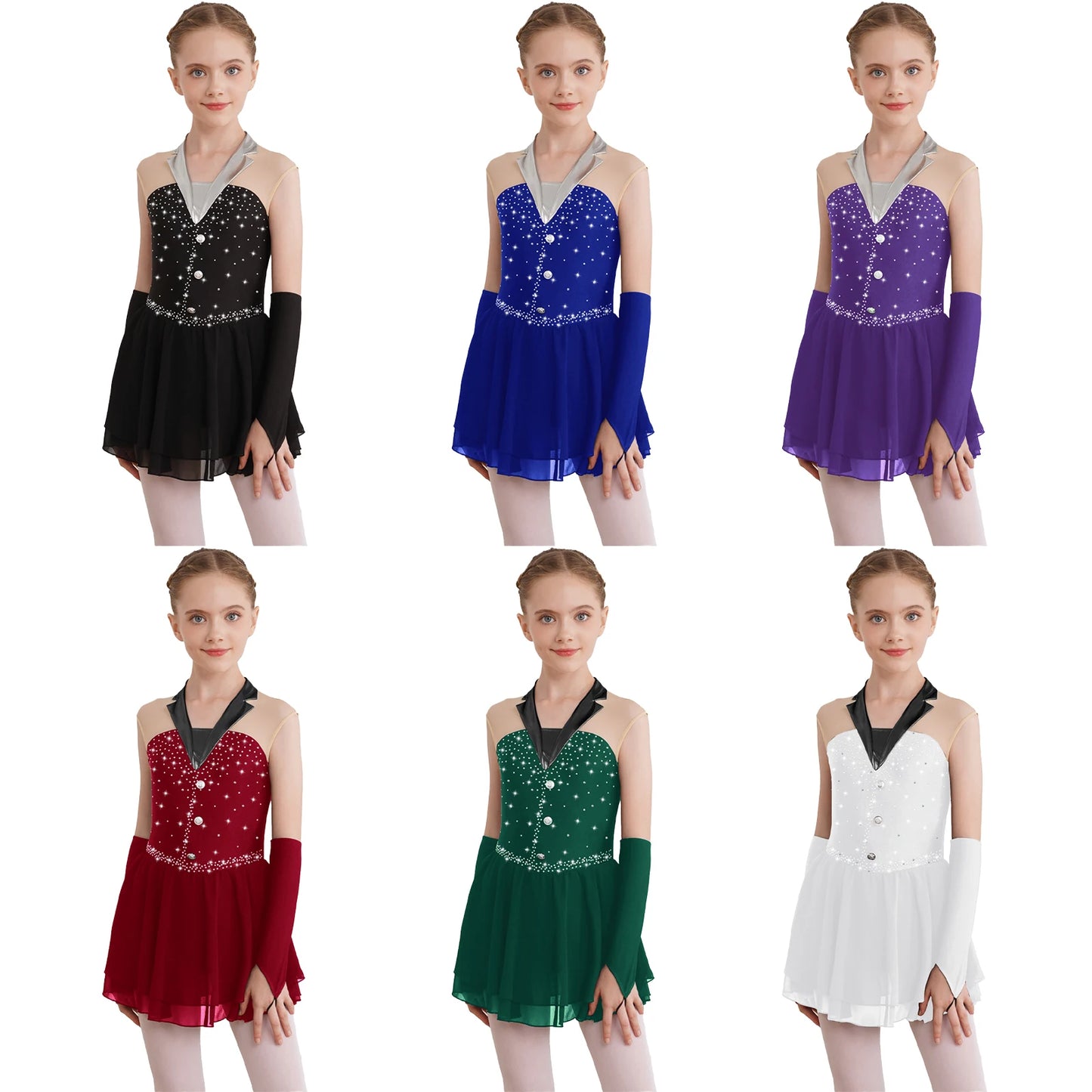 Kids Girls Figure Skating Costume Sequins Ballet Dance Dress with Fingerless Gloves Gymnastics Skirted Leotard Lyrical Dancewear