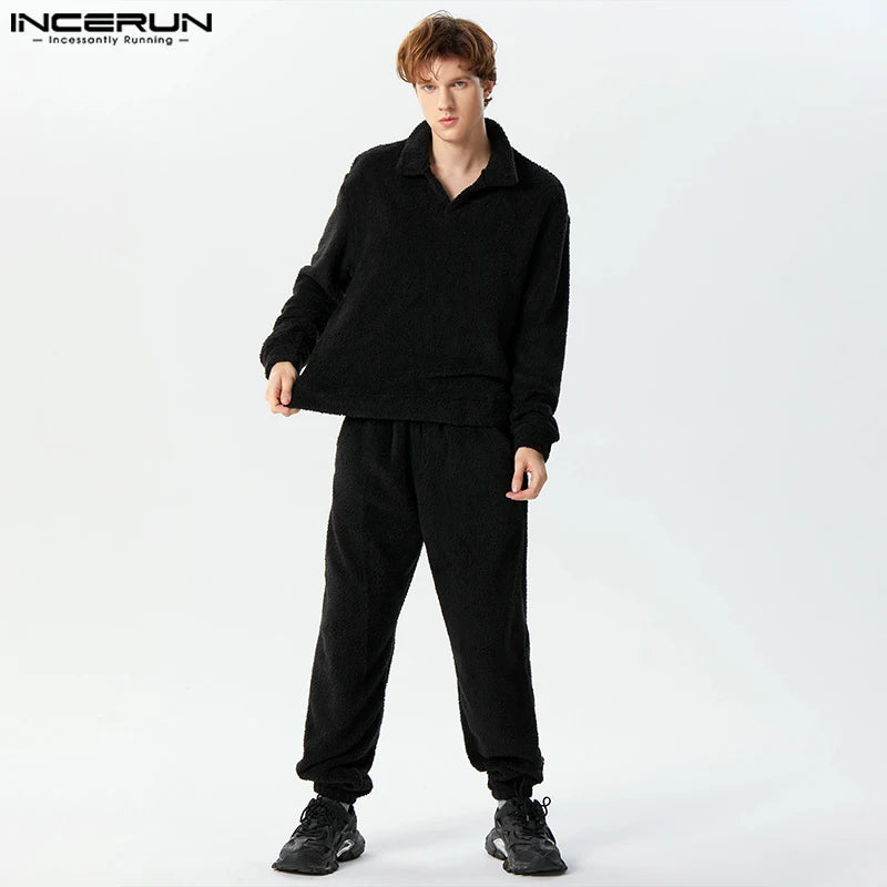 INCERUN Men Sets Solid Color Plush Fleece V Neck Long Sleeve T Shirt & Pants Two Pieces Sets Streetwear 2024 Casual Men's Suits