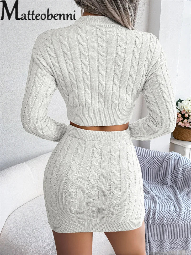 Elegante Twist gestrickte zweiteilige Set Frauen zeigen Bauch kurzen Pullover elastische Taille Wickel Hüftrock Strickwaren weibliche Freizeit anzüge