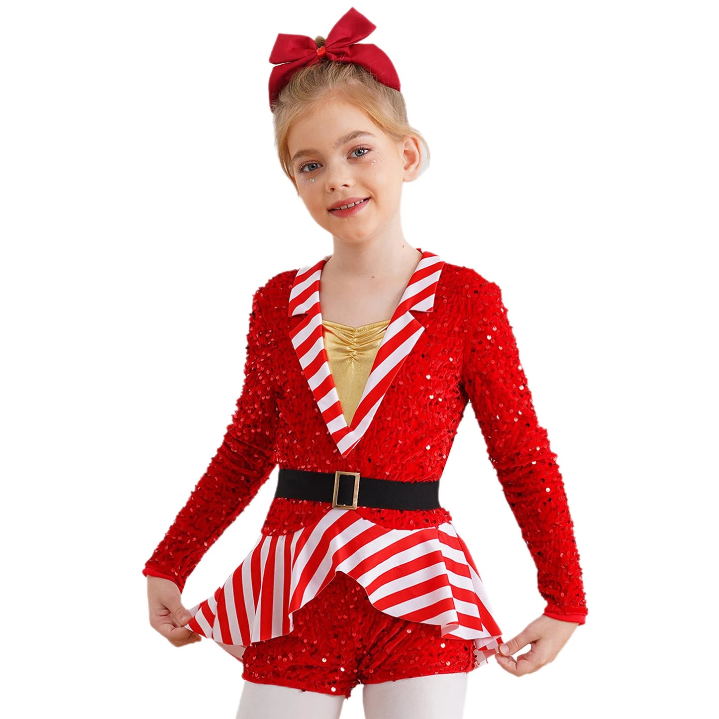 Mädchen Pailletten Samt gestreift Santa Claus Langarm Weihnachten Tanz Skating Bodysuit Overall Weihnachts ferien Zuckers tange Kostüm