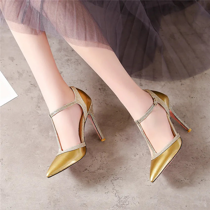 Sommer Frauen Pumps 10cm hohe dünne Ferse spitzen Zehen d'orsay Gold Silber Lack leder Party Büro Dame T-Riemen Stiletto Sandalen